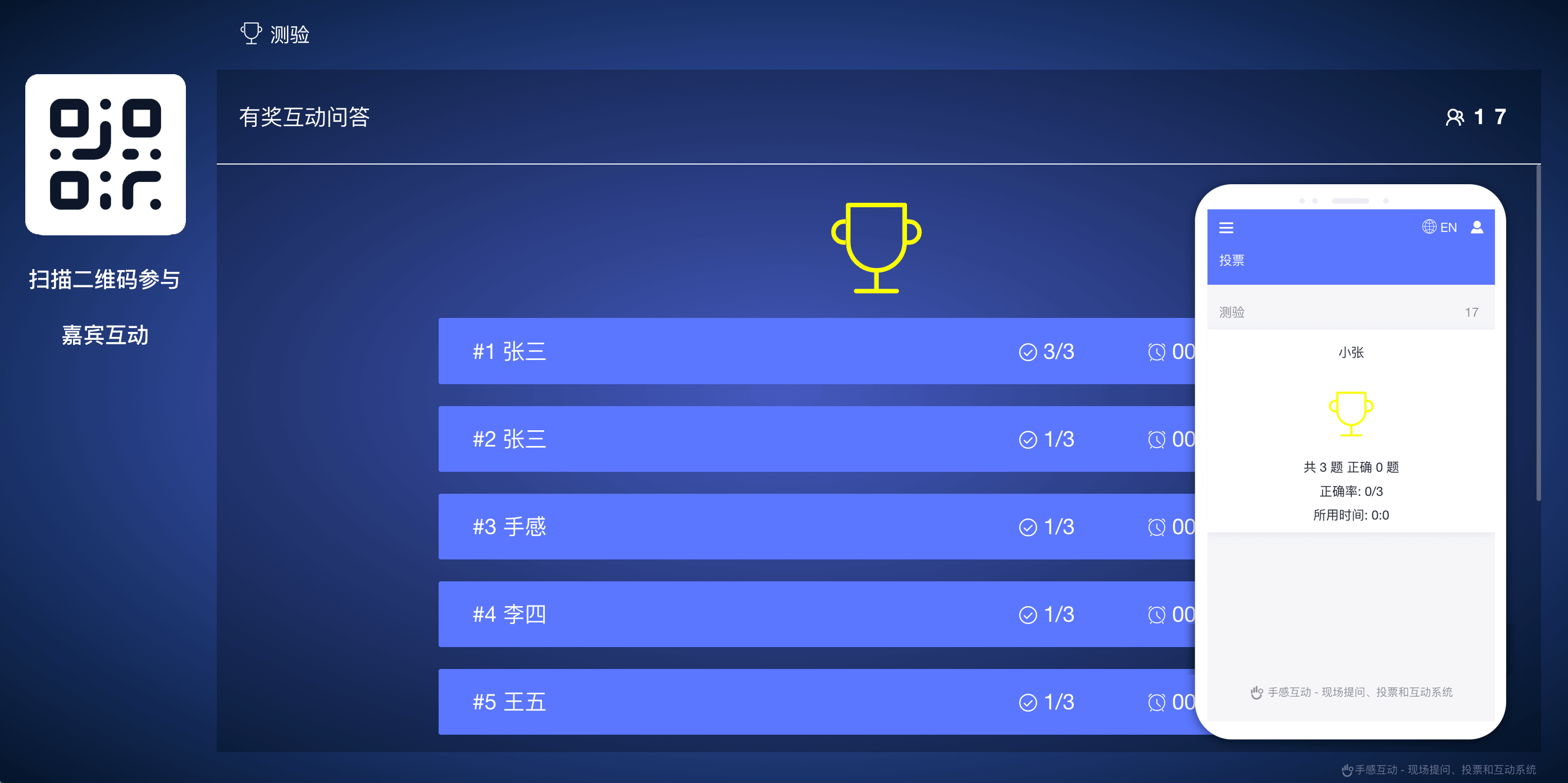手感互动测评测验功能效果图:大屏答题排行榜与手机端个人成绩界面
