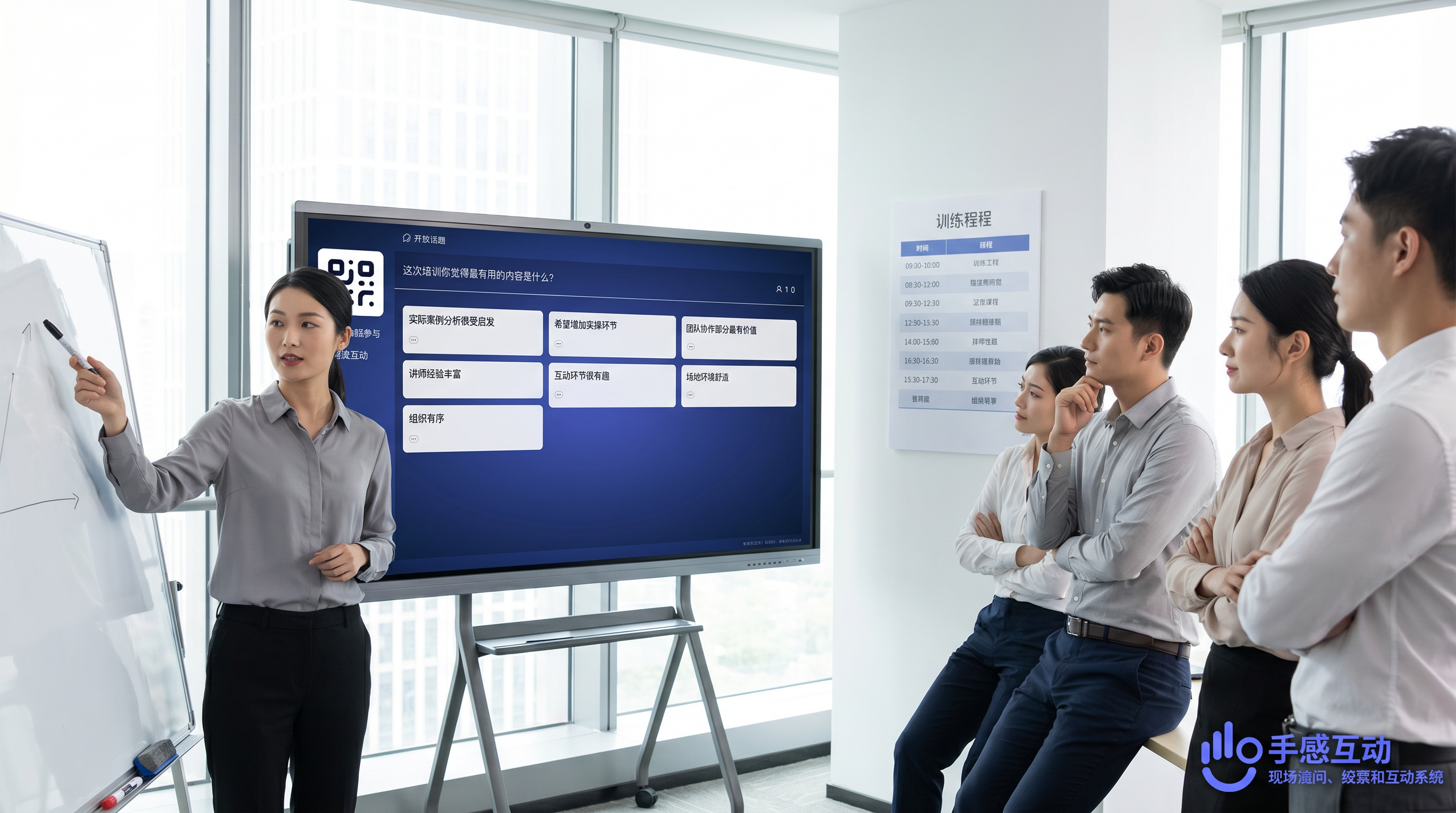 活动现场，培训师引导学员通过手机提交真实想法，大屏实时展示开放话题讨论墙