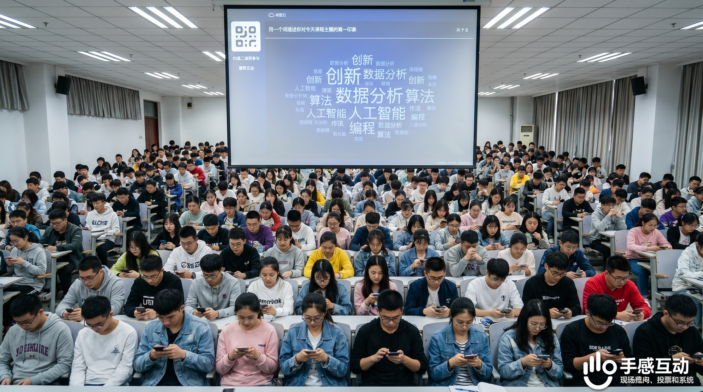 大学阶梯教室内，200多名学生正在用手机参与词云互动，大屏显示课程主题词云