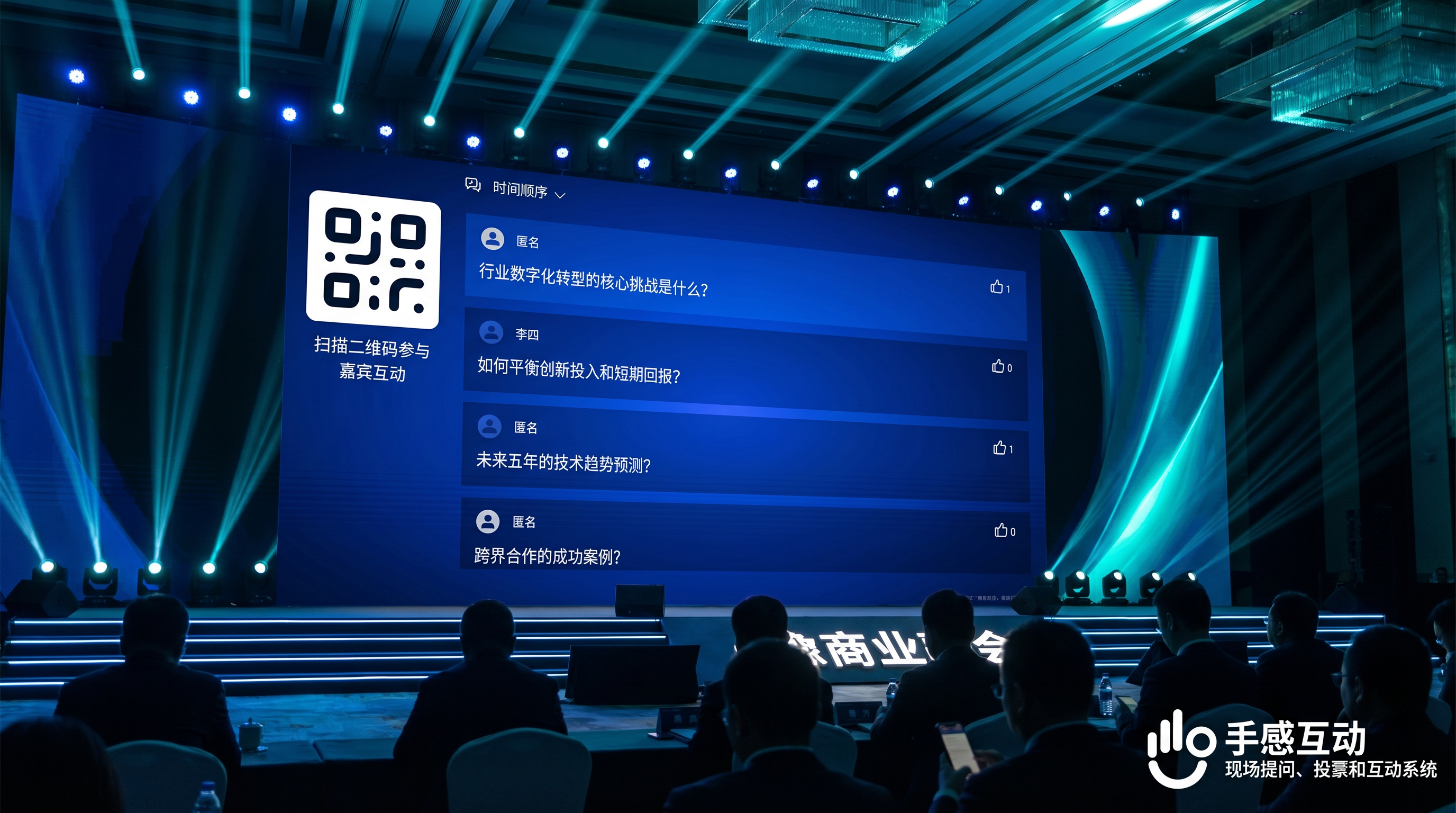 行业峰会现场，大屏展示现场提问墙，参会者通过手机匿名提交问题