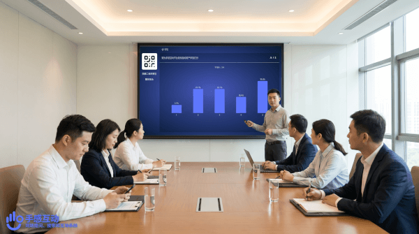 企业会议室内，述职者在台前汇报，大屏展示实时评分结果，评委通过手机打分