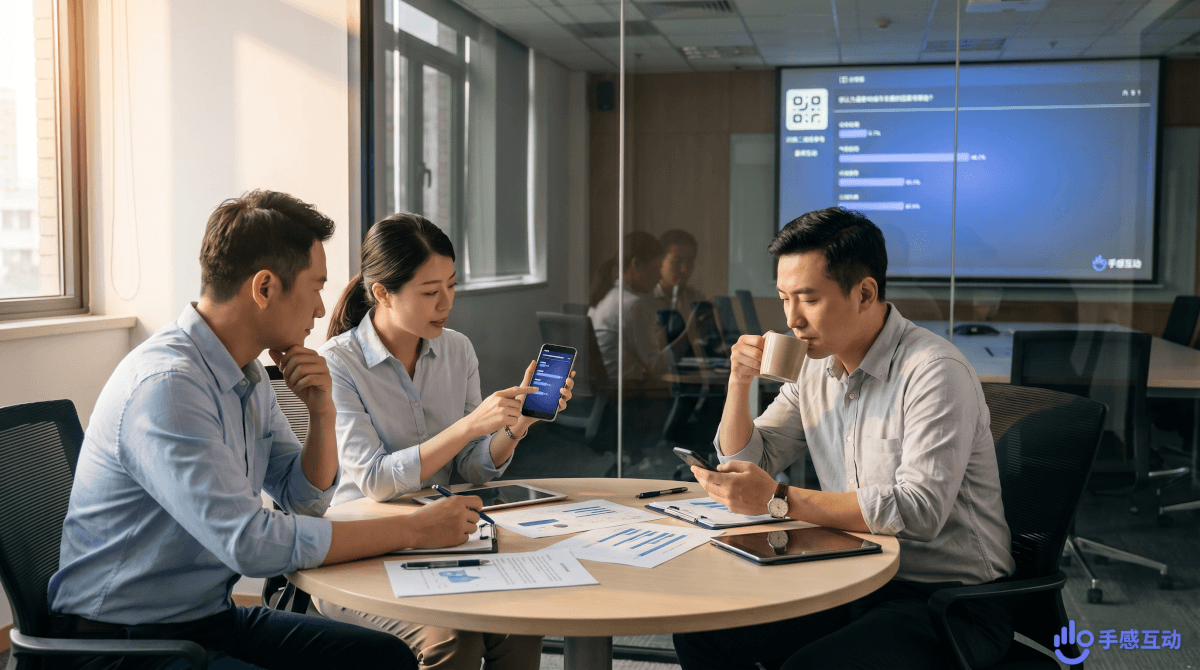 述职会议现场，几位评委正在用手机为述职方案投票打分，桌上放着笔记本和咖啡