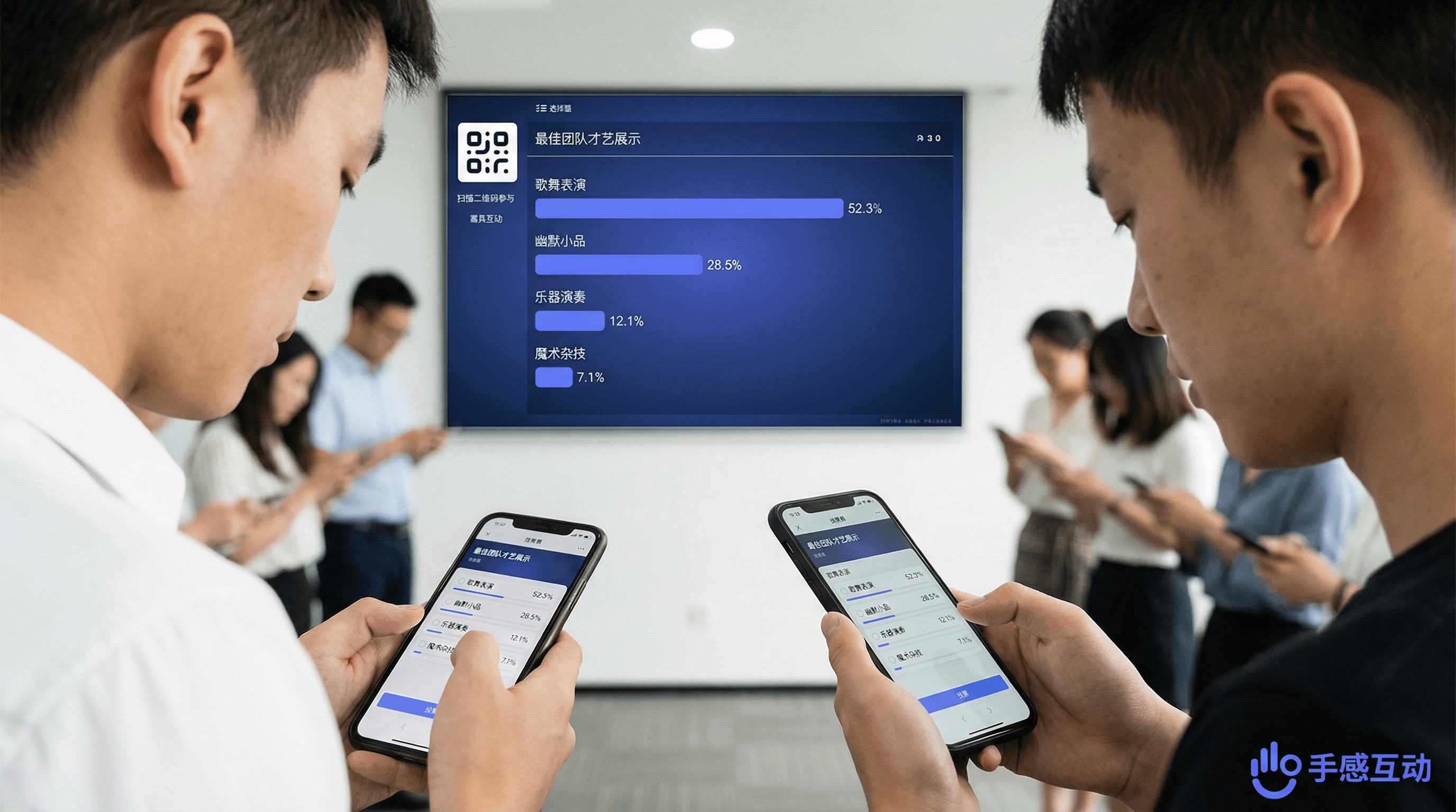 团建活动现场,参与者正在用手机扫码参与大屏互动投票