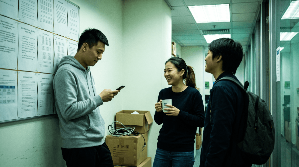 几位同事在会议结束后的休息区讨论