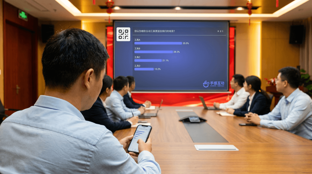 企业会议场景，大屏展示实时投票结果柱状图，参会者通过手机扫码参与互动投票