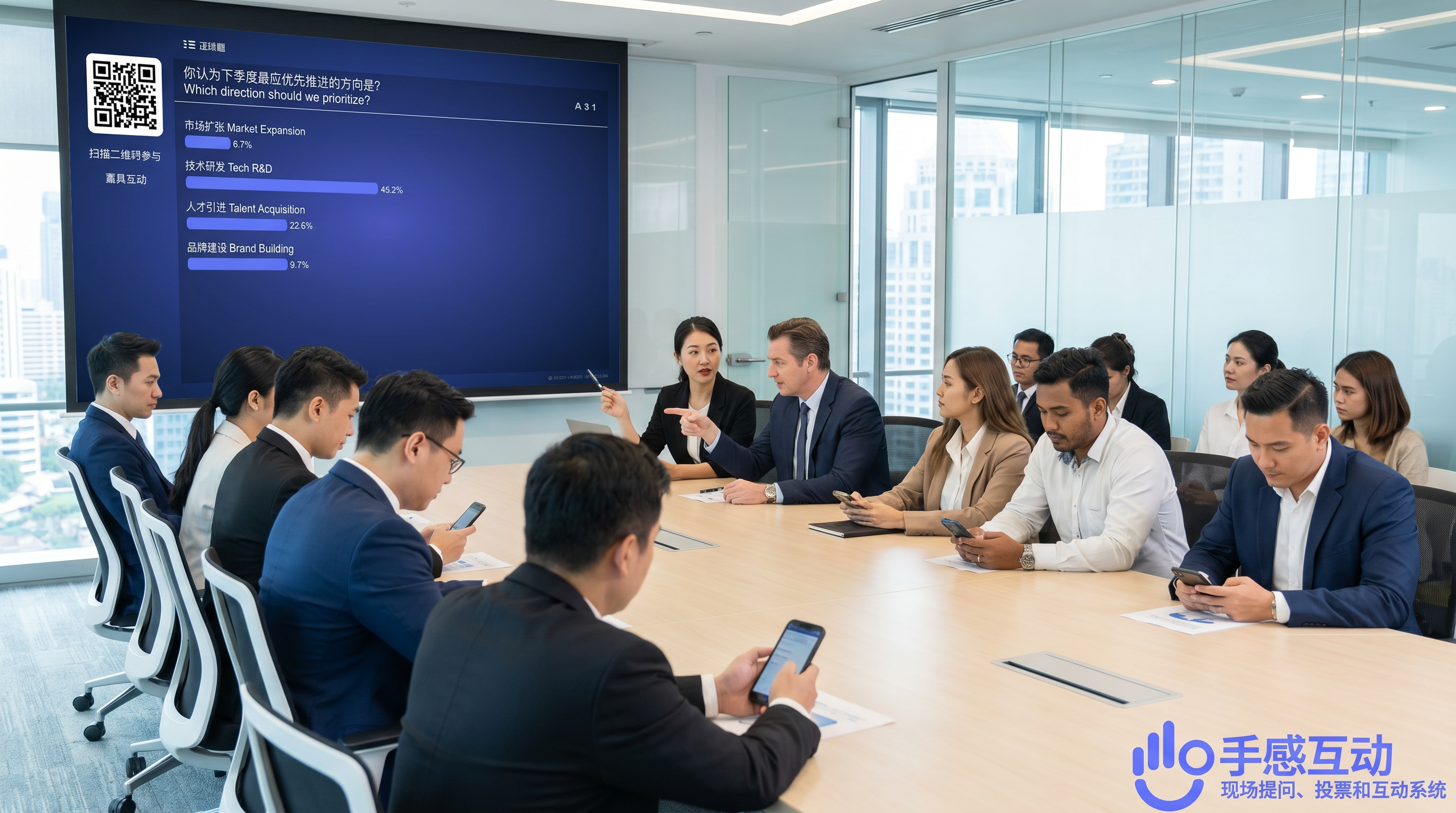 跨国会议室内，多国参会者通过手机参与中英双语投票，大屏展示双语投票结果