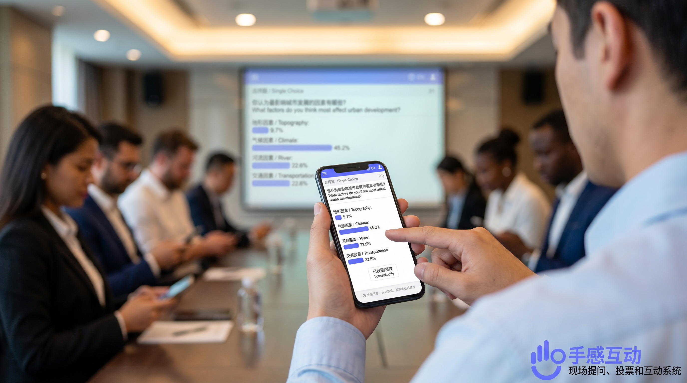 跨国会议现场，大屏展示中英双语投票界面，参与者用手机扫码投票