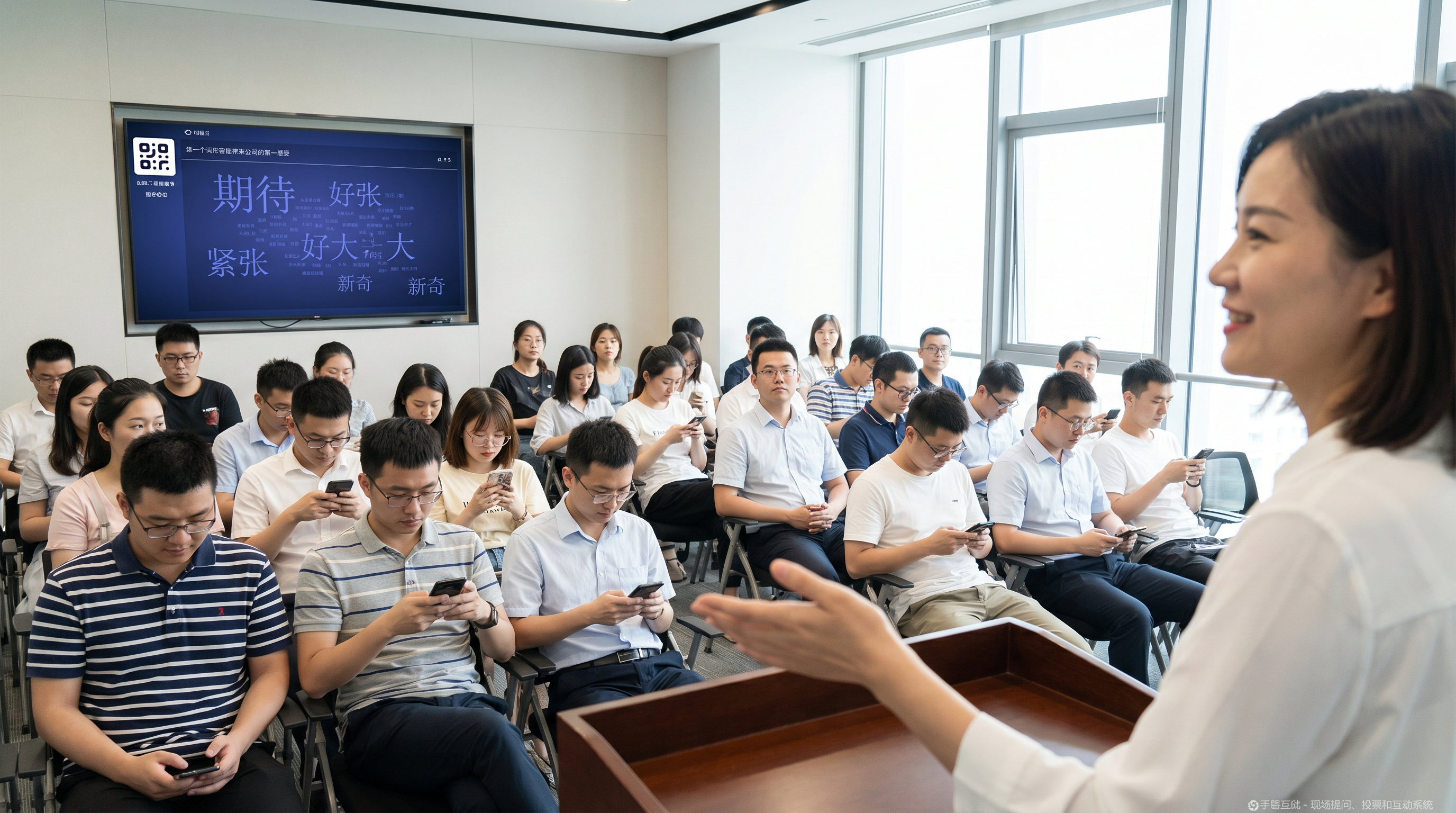 入职培训现场，培训师面向新员工讲解，大屏展示词云互动结果