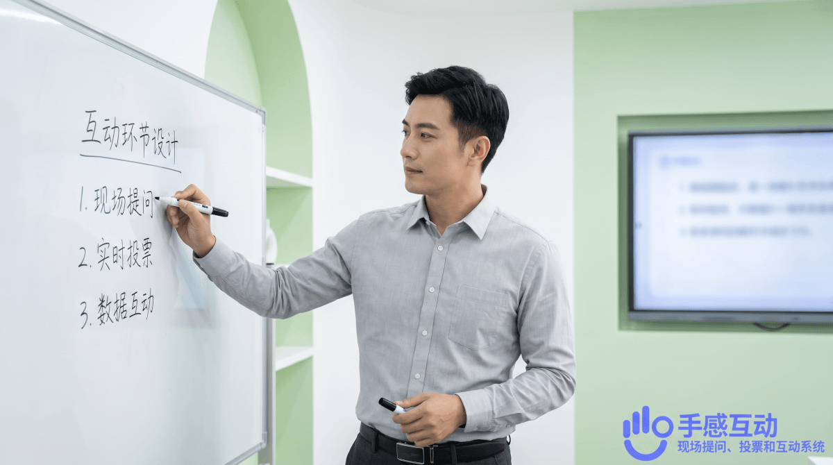 培训讲师在白板旁规划现场互动工具的使用流程