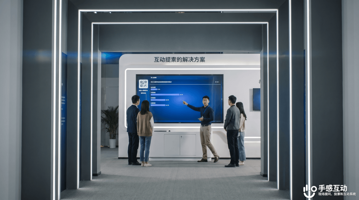 展览中心入口走廊视角,可以看到里面的大屏互动展区,展台大屏展示实时投票互动界面