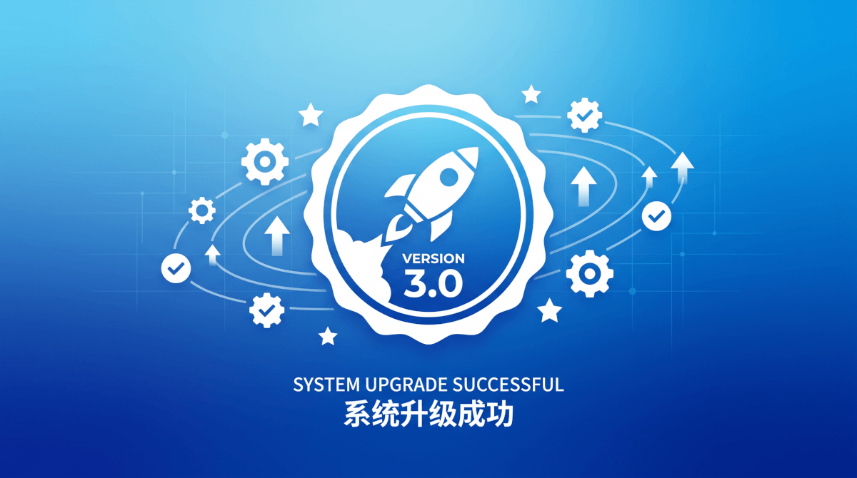手感互动3.0系统升级成功通知，蓝色背景火箭徽章搭配版本号3.0