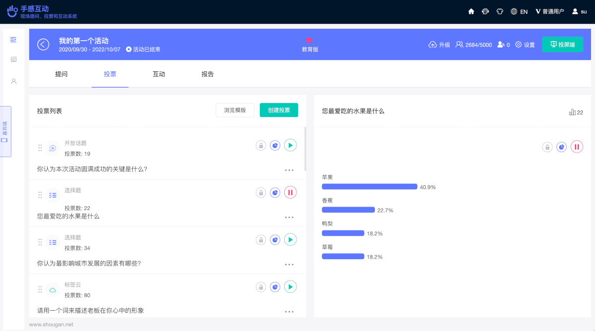 手感互动旧版控制台：Tab切换模式，深色顶栏，提问/投票/互动/报告四个标签页