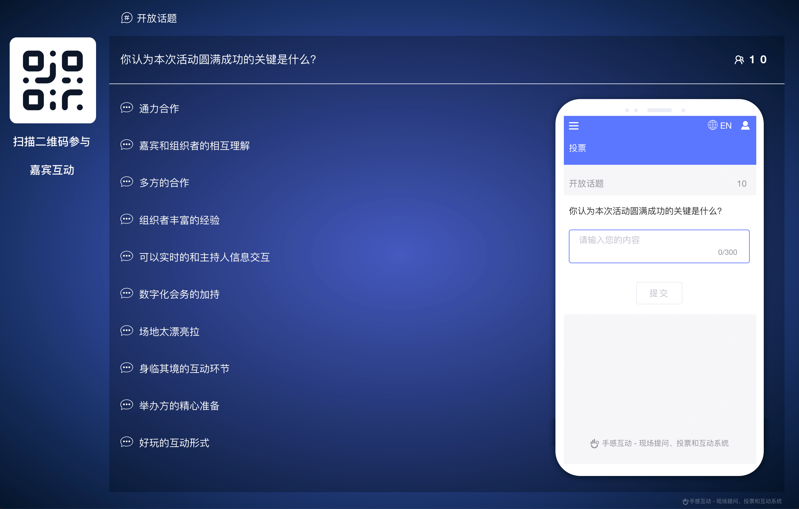 手感互动话题讨论功能效果图:大屏讨论墙展示与手机端观点提交界面